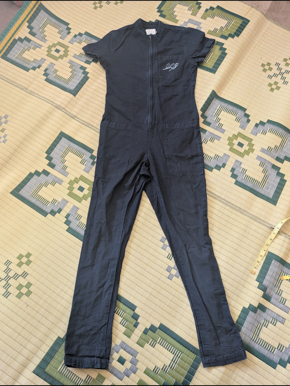 Dark Blue Short-Sleeve Zip Front Jumpsuit with Script Embroidery